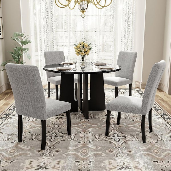 5-Piece Round Grey/Black Wood Top Dining Table Set Seats 4 with 4 Upholstered Chairs