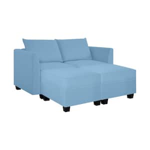 56.1 in. Linen Modern Loveseat with Double Ottoman for Sectional Sofa in Robin Egg Blue