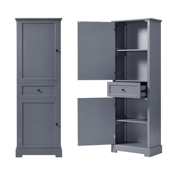 Cesicia 22 in. W x 12 in. D x 65 in. H Gray MDF Freestanding Bathroom Linen Cabinet with Adjustable Shelf & Anti-Toppling Device