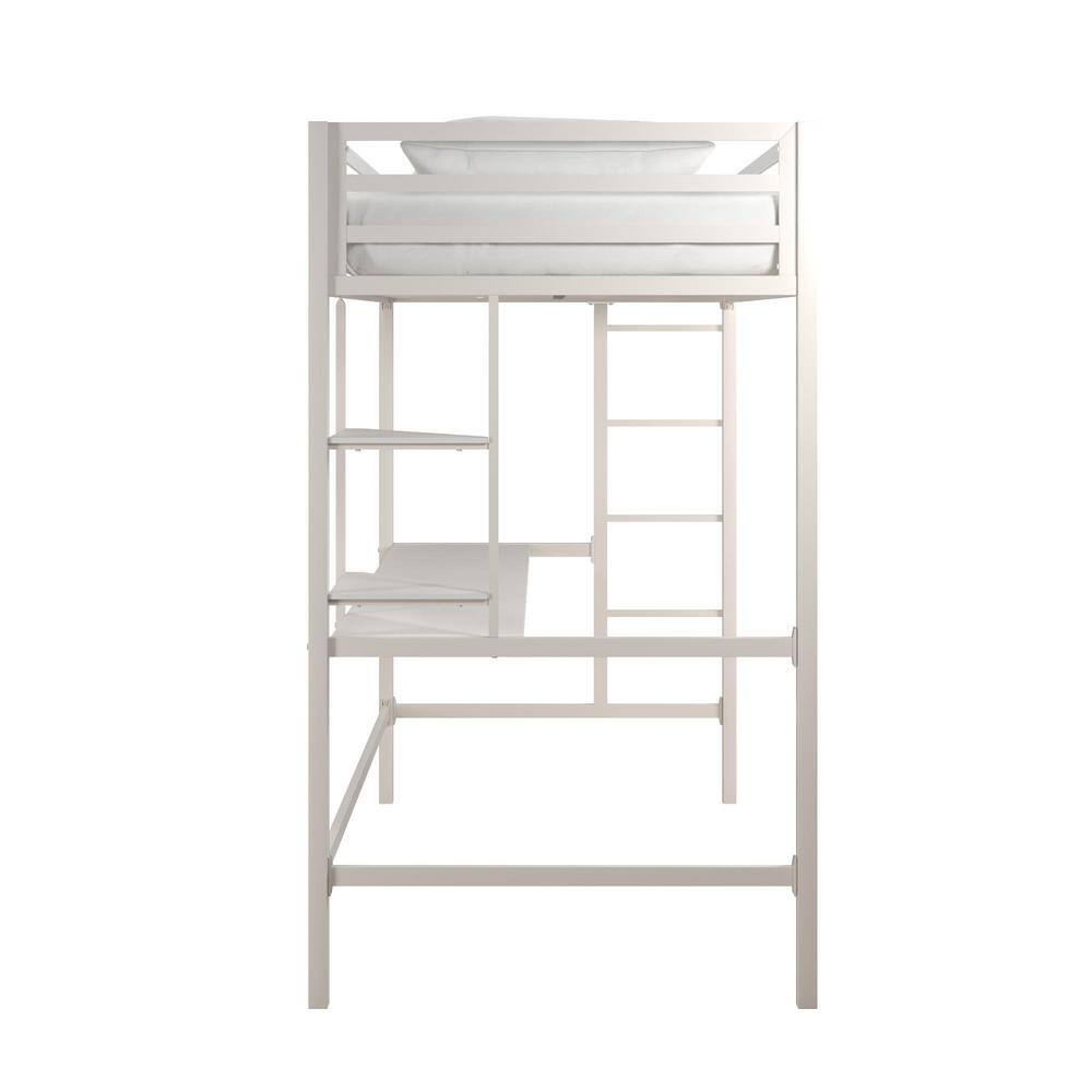 Off-White Twin Metal Loft Bed with Desk and Shelves