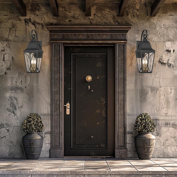 Cardigan 24.75 in. Sand Black and Olden Brass Outdoor Hardwired Lantern Wall Sconce with Glass Shades, No Bulbs Included