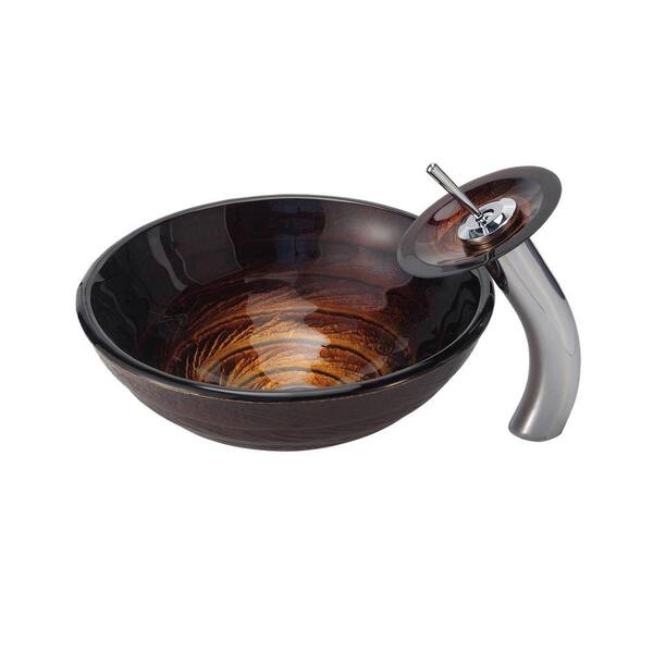 KRAUS Iris Glass Vessel Sink in Brown with Waterfall Faucet in Chrome