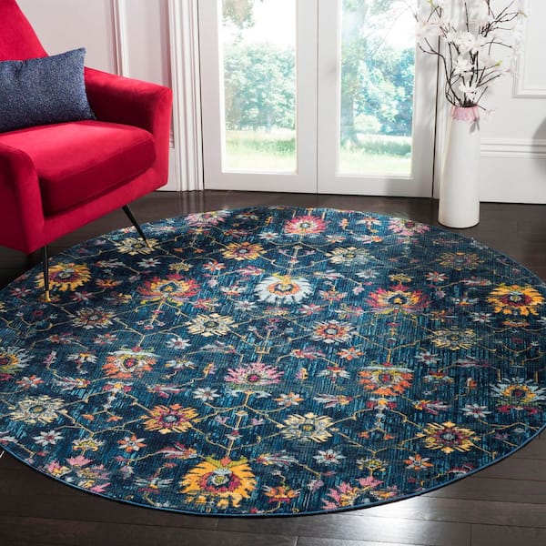 Merlot 7 ft. x 7 ft. Navy/Multi Distressed Floral Round Area Rug
