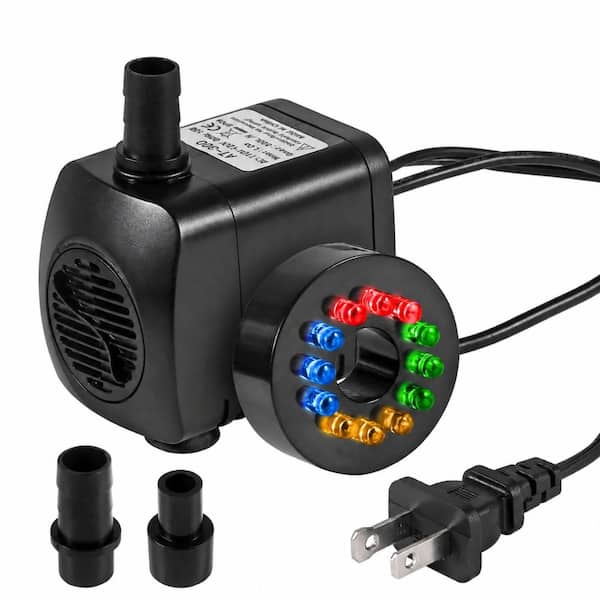 15W Submersible Fountain Pump with 12-LED Automatic Color Change, 264GPH, Adjustable Flow, 4.92 ft Lift