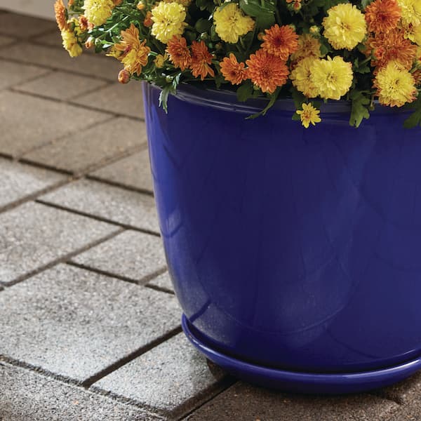 Vigoro 14 in. Delphine Blue Glazed Plastic Planter (14 in. D x 12