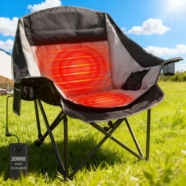 SEEUTEK Outdoor Oversized Foldable Heated Camping Grey Patio Chair with Metal Frame (Battery Included)