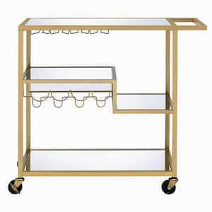 Gold and Clear Metal Framed Serving Cart with Wine Bottle Holder and Stemware