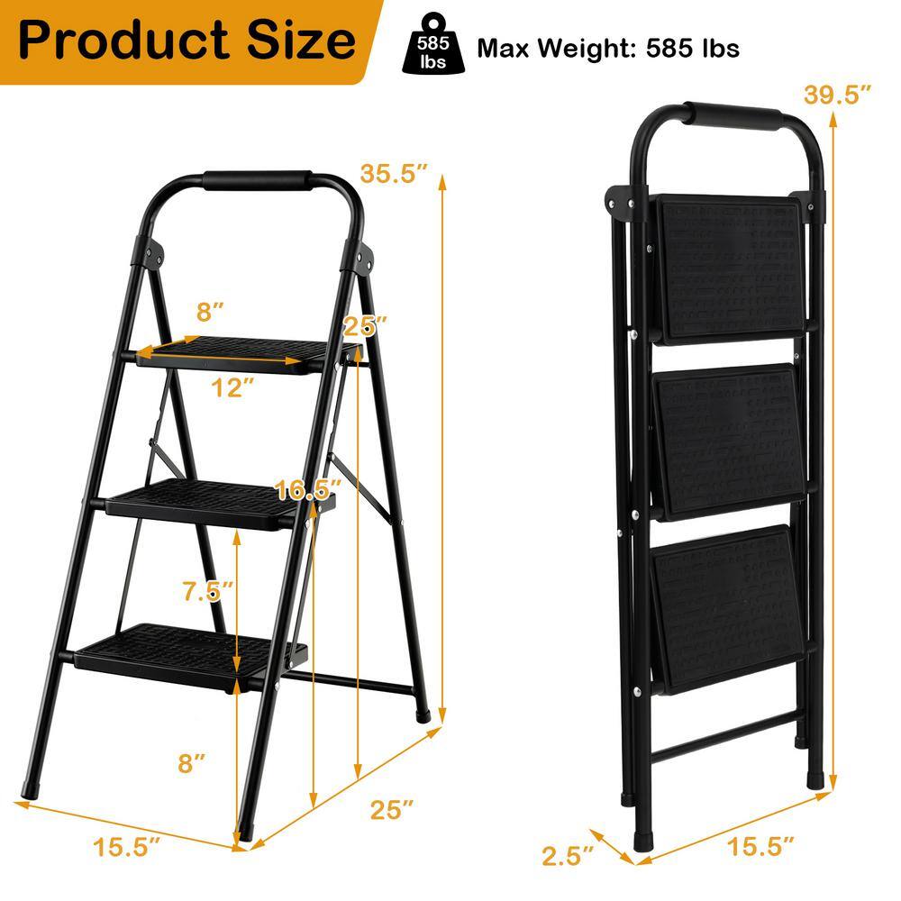 Black Metal Folding 3-Step Ladder with Anti-Slip Pedals