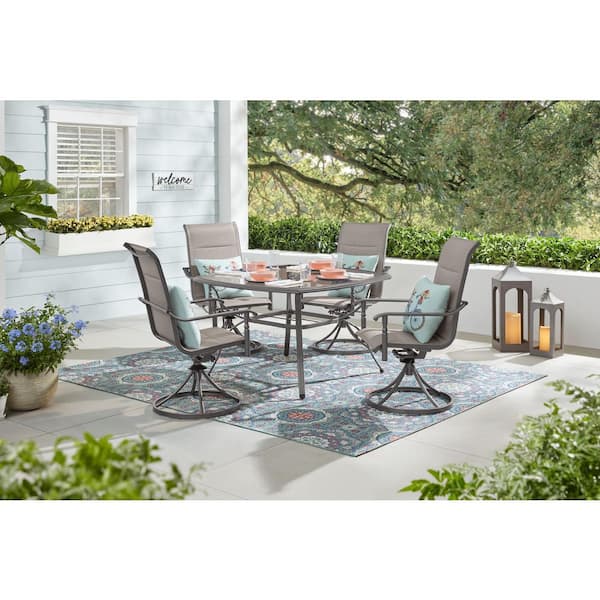 Hampton Bay Ashbury Pewter 5-Piece Steel Padded Sling Square Glass Top Outdoor Dining Set