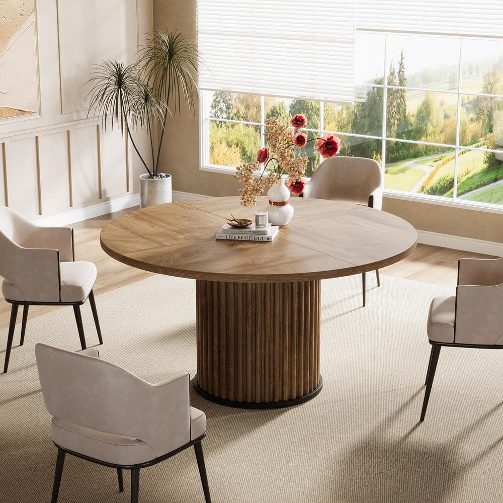 Delilah Modern Brown Wood 47.2 in. Trestle Pedestal Dining Table Round Kitchen Table Seats 4 for Dining Room