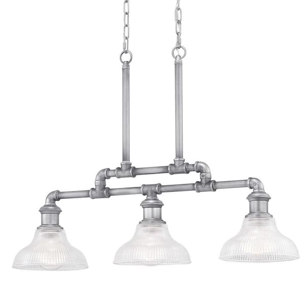 Foxcroft 3-Light Antique Nickel Island Chandelier with Clear Prismatic Glass Shades
