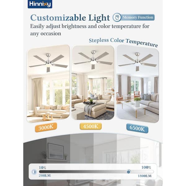 HINNIXY 52 in. Indoor Brushed Nickel Dimmable 6-Speed Quiet