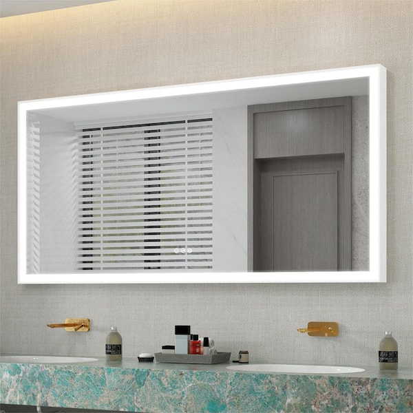 WELLFOR 72 in. W x 36 in. H Large Rectangular Framed LED Anti-Fog Wall Mount Bathroom Vanity Mirror in White