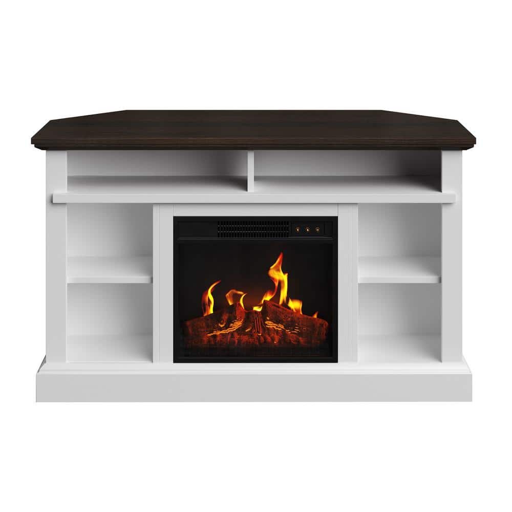 White Corner TV Stand with Electric Fireplace and Storage Cabinet