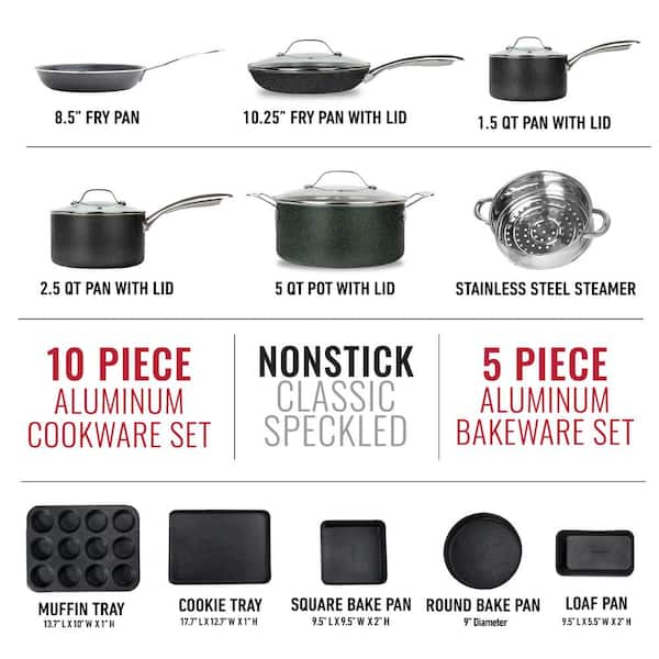 Granite Stone 15 Piece Non-Stick Cookware, Dishwasher Safe, Pots and Pans Set, Black