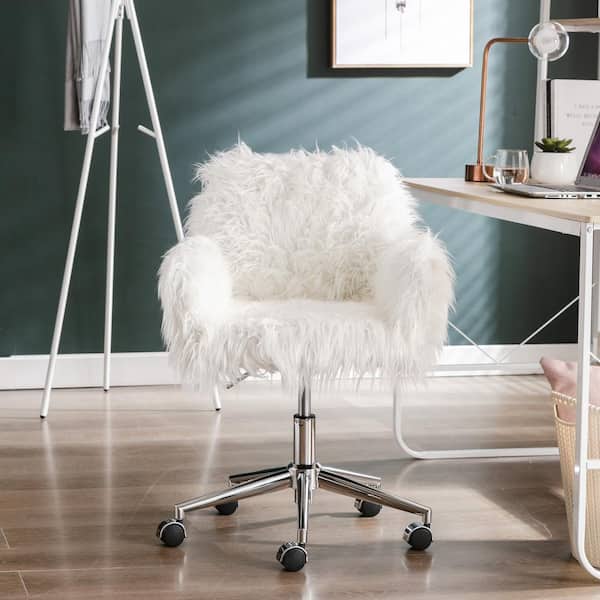 White Faux Fur Seat Office Chair Fluffy Chair