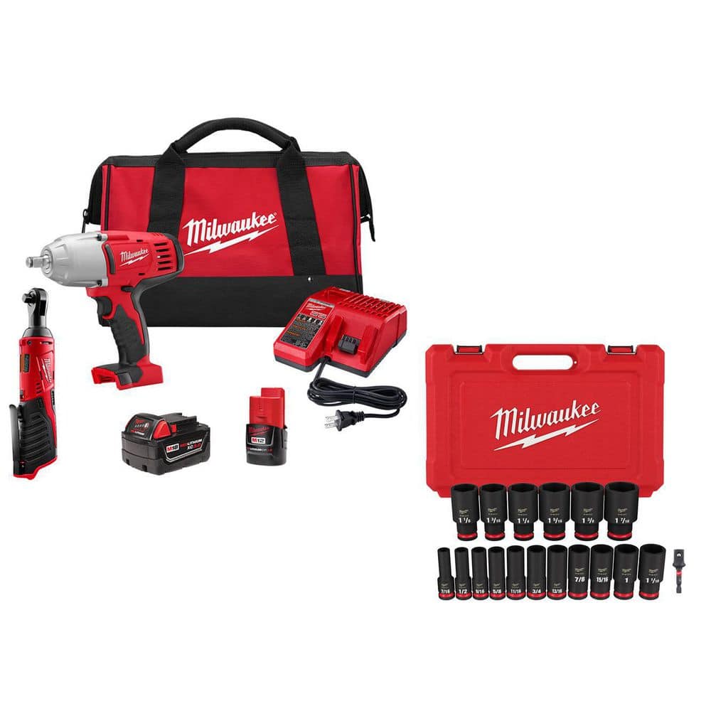 Milwaukee M18/M12 12V/18V 3/8 in. Ratchet and 1/2 in. Impact Wrench Cordless w/1/2 in. SAE Impact Sockets Combo Kit -  2663-22RH-93