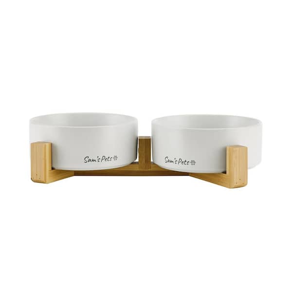 Sam's Pets Coco Dual Pet Bowl with Wood Stand 5.11 in. White