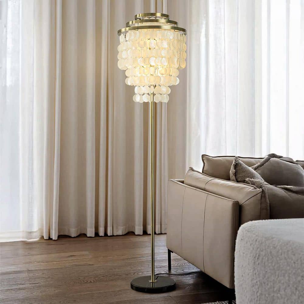 70 in. Coastal Seashell Tiered Floor Lamp in Antique Brass Lantern 4-Light 