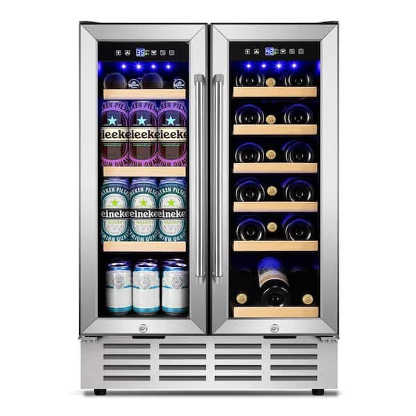24 in. Dual Zone 18-Wine Bottles and 80-Cans Beverage Cooler Fridge in Stainless Steel With Adjustable Shelves