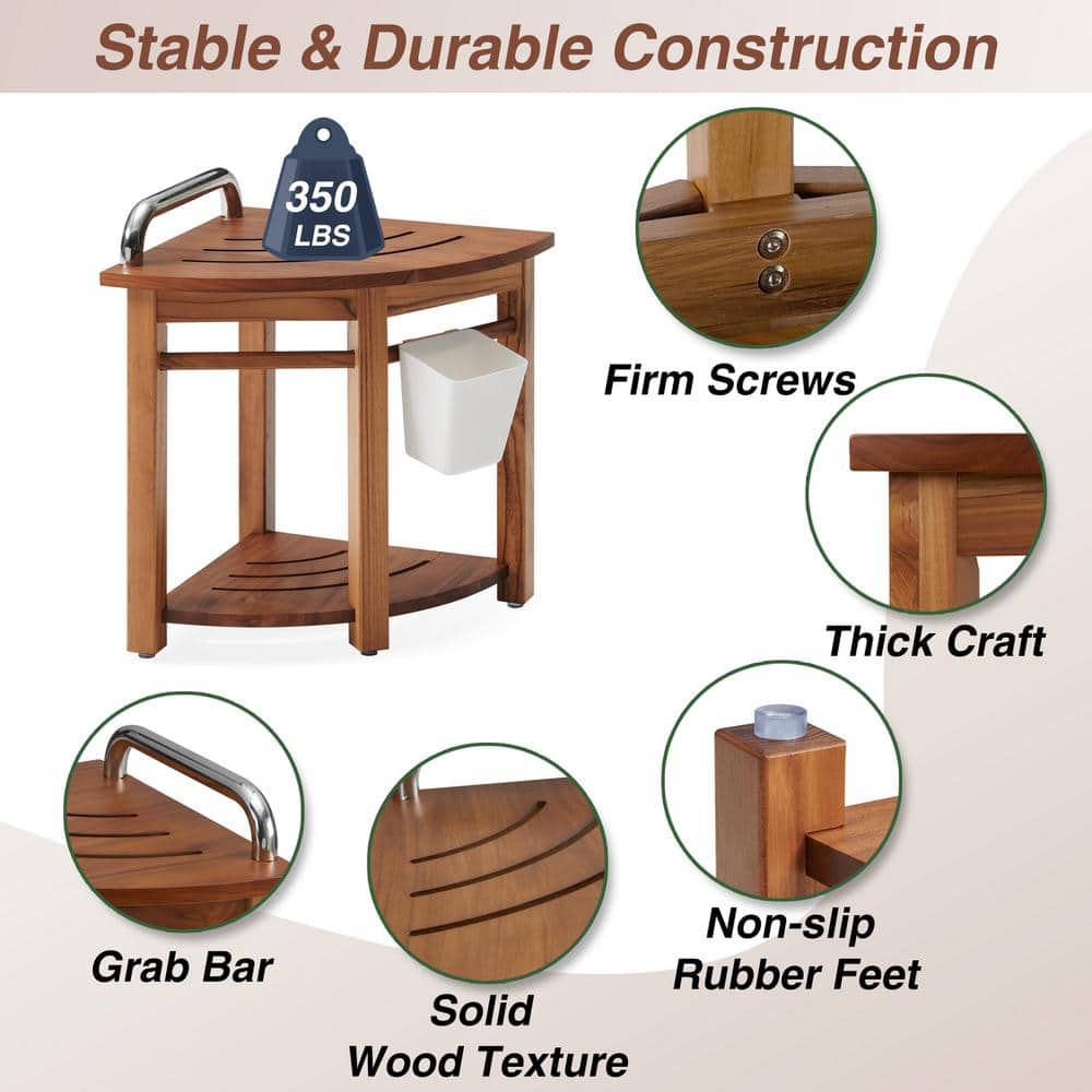 Teak Corner Shower Bench with Handle and Storage