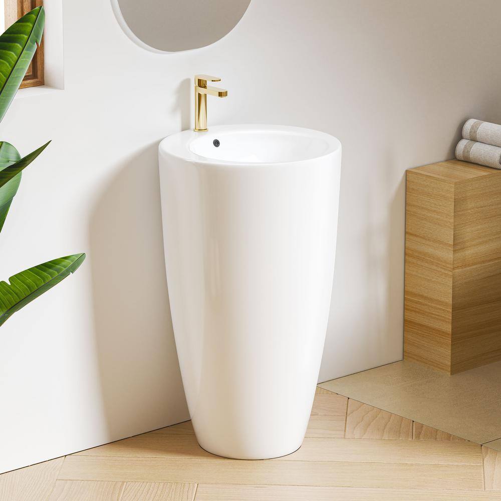 Glossy White Ceramic Round Pedestal Bathroom Sink with Overflow