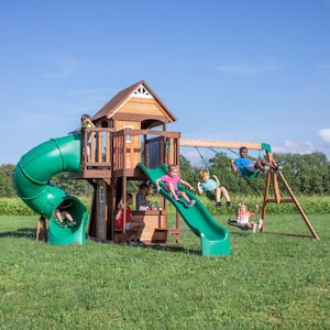 Cedar Cove Outdoor Playground Set w/ Tube Slide, Wave Slide, Elevated Clubhouse, Shaded Playhouse, and Swing Set