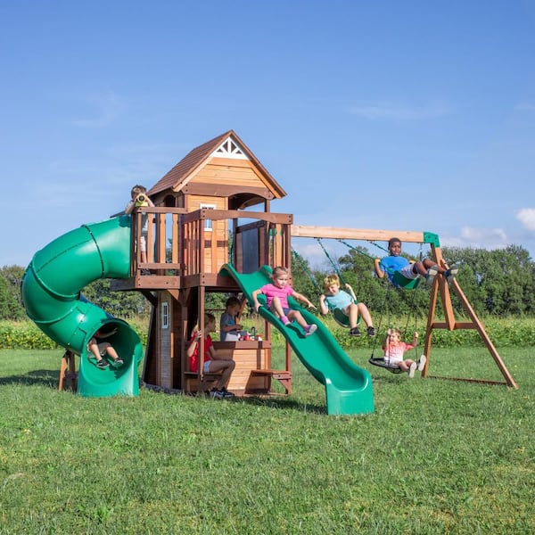 Cedar Cove Outdoor Playground Set w/ Tube Slide, Wave Slide, Elevated Clubhouse, Shaded Playhouse, and Swing Set