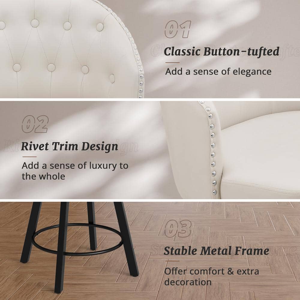 Antique White Faux Leather Swivel Counter Height Bar Stool with Metal Legs
