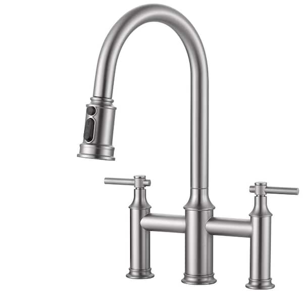 Double Handle Pull Out Sprayer Kitchen 3 Hole Included Supply Lines in Brushed Nickel