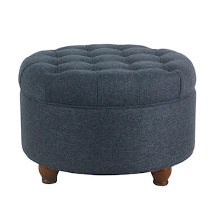 Navy Blue Fabric Upholstered Wooden Ottoman with Tufted Lift Off Lid Storage