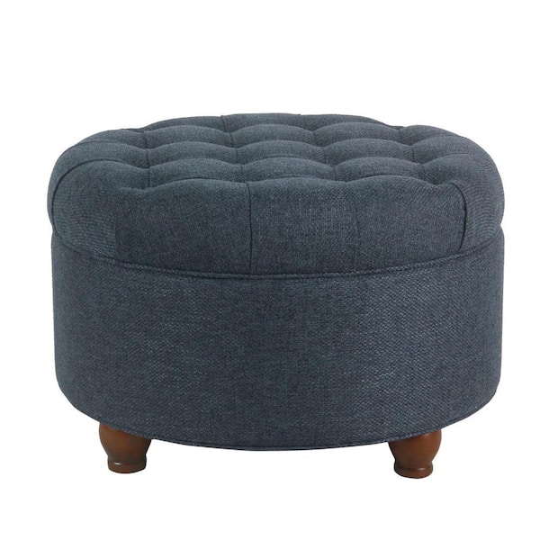 Benjara Navy Blue Fabric Upholstered Wooden Ottoman with Tufted Lift Off Lid Storage