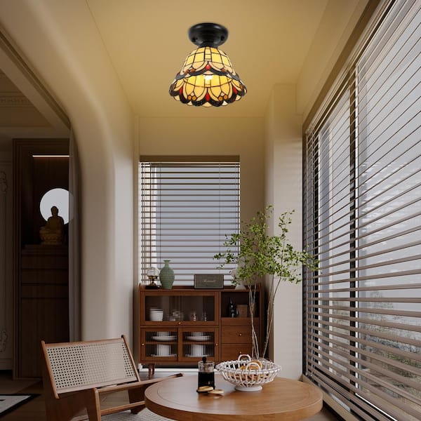 OUKANING 7.87 in. 1-Light Retro Elegant Colored Glass Shade Flush