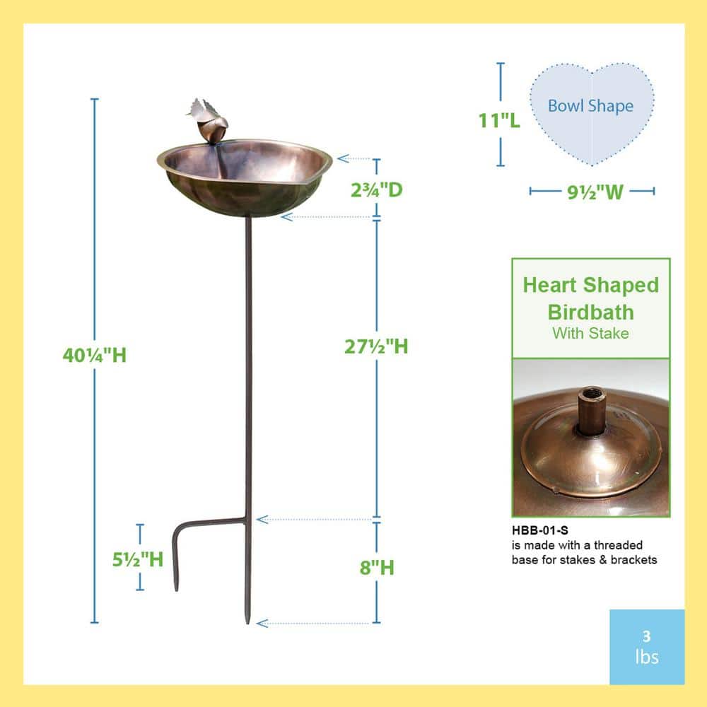 Antique Copper Heart Shaped Birdbath with Metal Stake