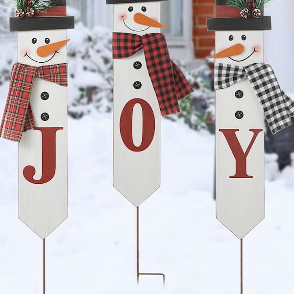 Glitzhome 42 in. H Wooden and Metal Snowman Yard Stake Christmas ...