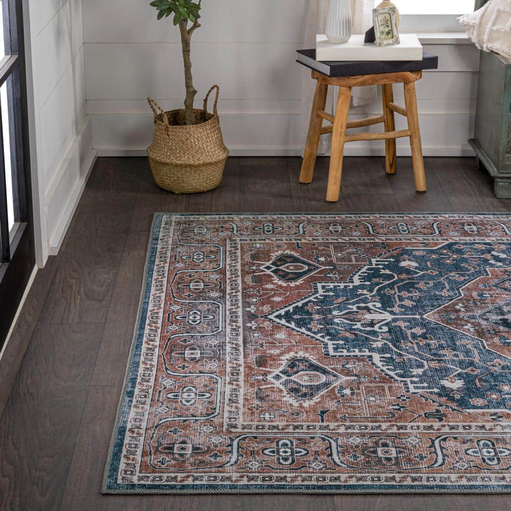 Navy and Brown Medallion Washable Chenille Area Rug 8' x 10'