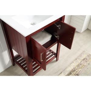 Mosset 24 in. W x 34 in. H Bath Vanity in Rich Red Cherry with Ceramic Vanity Top in White with White Basin and Mirror