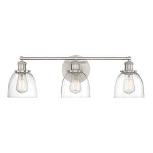Evelyn 26.75 in. 3-Light Brushed Nickel Modern Industrial Bathroom Vanity Light with Clear Glass Shades