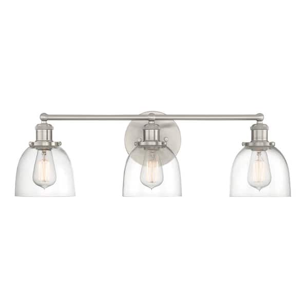 Evelyn 26.75 in. 3-Light Brushed Nickel Vanity Light with Clear Glass Shades