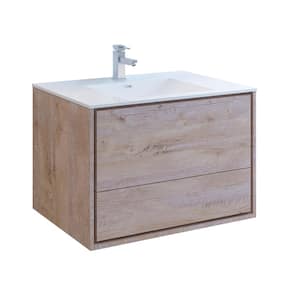Catania 36 in. Modern Wall Hung Bath Vanity in Rustic Natural Wood with Vanity Top in White with White Basin
