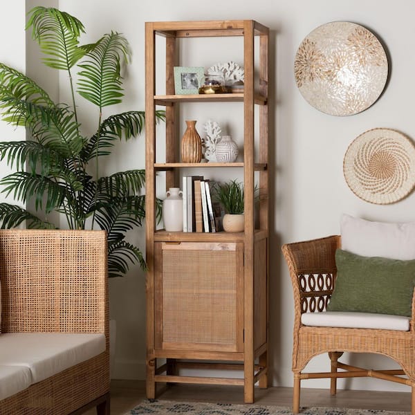 Sibu 76 in. Tall Natural Rattan 3-Shelf Etagere Bookcase with Interior Storage