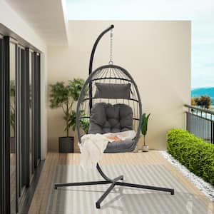 Outdoor Patio Dark Grey Rattan Egg Swing Chair Hanging Chair with Light Gray Cushion