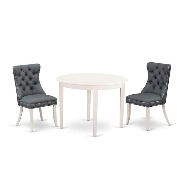 East West Furniture 3-Piece Linen White Finish Round Solid Wood Top Dining Table Set