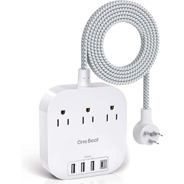 Lukyamzn 5 ft. Braided Cord Power Strip with Flat Plug, 3-Outlets 4-USB Ports (1 USB-C) Non Surge Protector for Travel in White