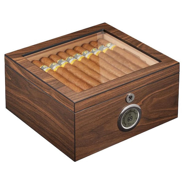 11.8 in. W x 8.7 in. H Walnut Cedar Wood Cigar Humidor w/Digital Hygrometer, Lock, 2 Humidifiers, Slotted Tray&Dividers