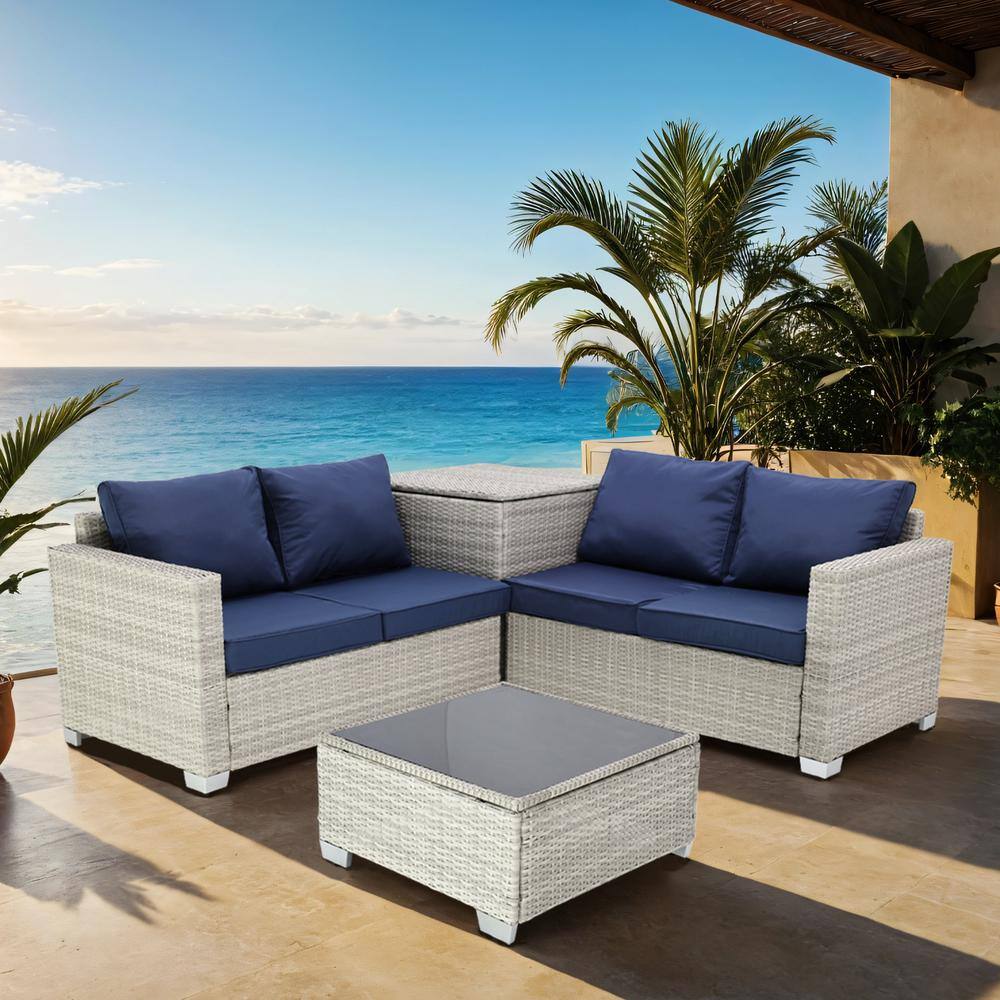 4-Piece Gray White Wicker Outdoor Sofa Sectional Set with Dark Blue Cushion