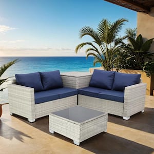 4-Piece Gray White Wicker Outdoor Sofa Sectional Set with Dark Blue Cushions, Large Space Storage Box