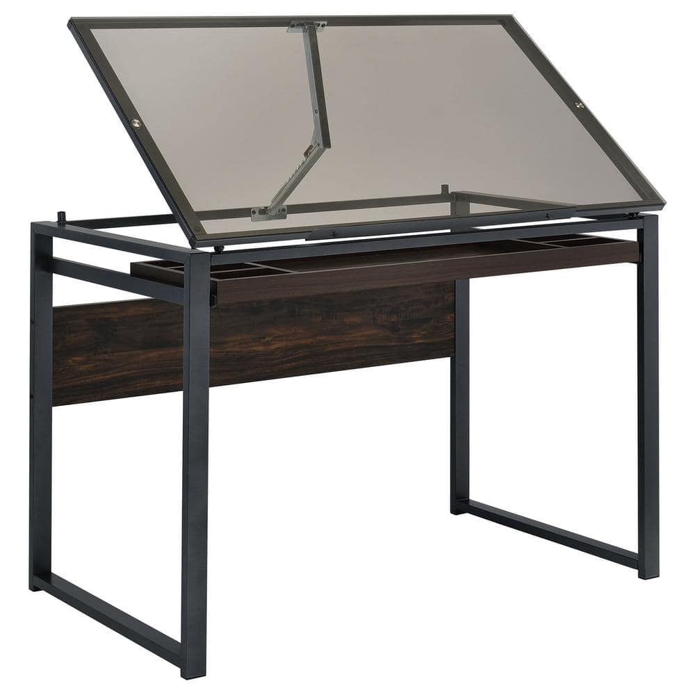 Pantano Dark Gunmetal and Chestnut Glass Top Drafting Desk