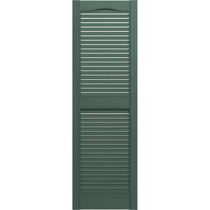 12 in. x 57 in. Lifetime Vinyl Custom Cathedral Top Center Mullion Open Louvered Shutters Pair Forest Green