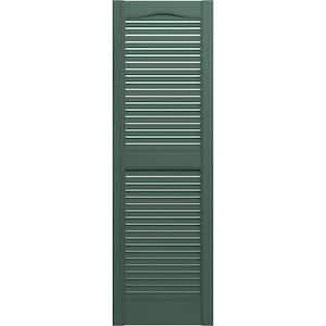 14-1/2 in. x 55 in. Lifetime Vinyl Standard Cathedral Top Center Mullion Open Louvered Shutters Pair Forest Green